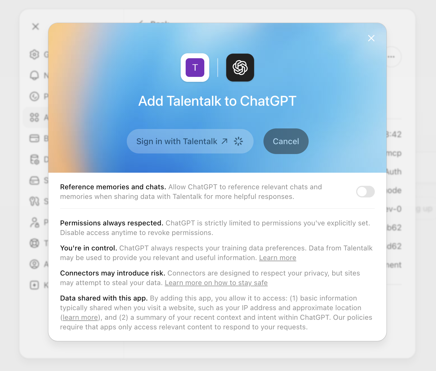 ChatGPT prompting to sign in with Talentalk