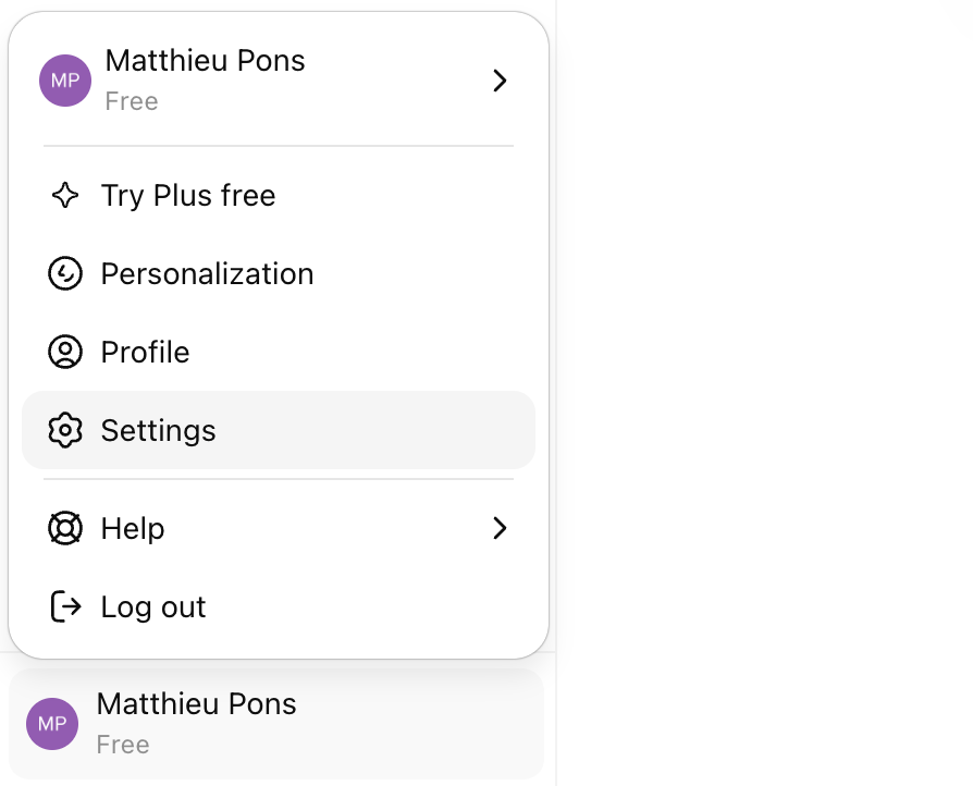 ChatGPT user menu opened from the bottom-left, with Settings highlighted