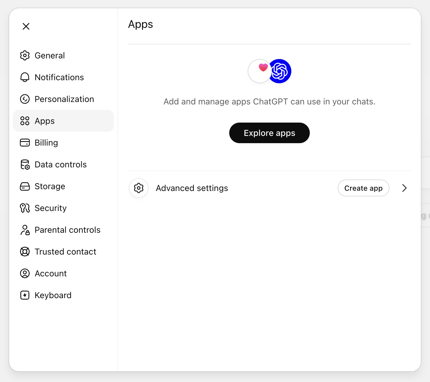 ChatGPT settings on the Apps tab, with Advanced settings shown