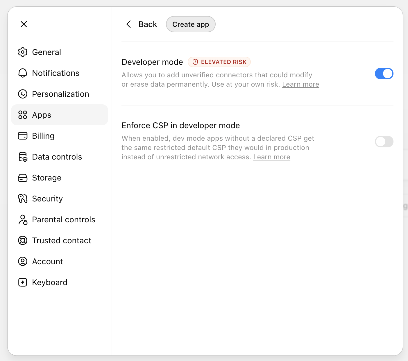 Developer mode toggle enabled with the Create app button visible
