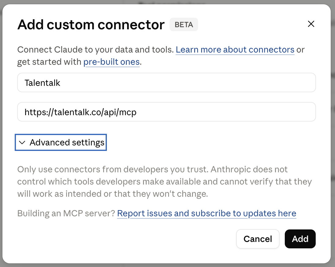 Saving the connector so Claude can detect the MCP server