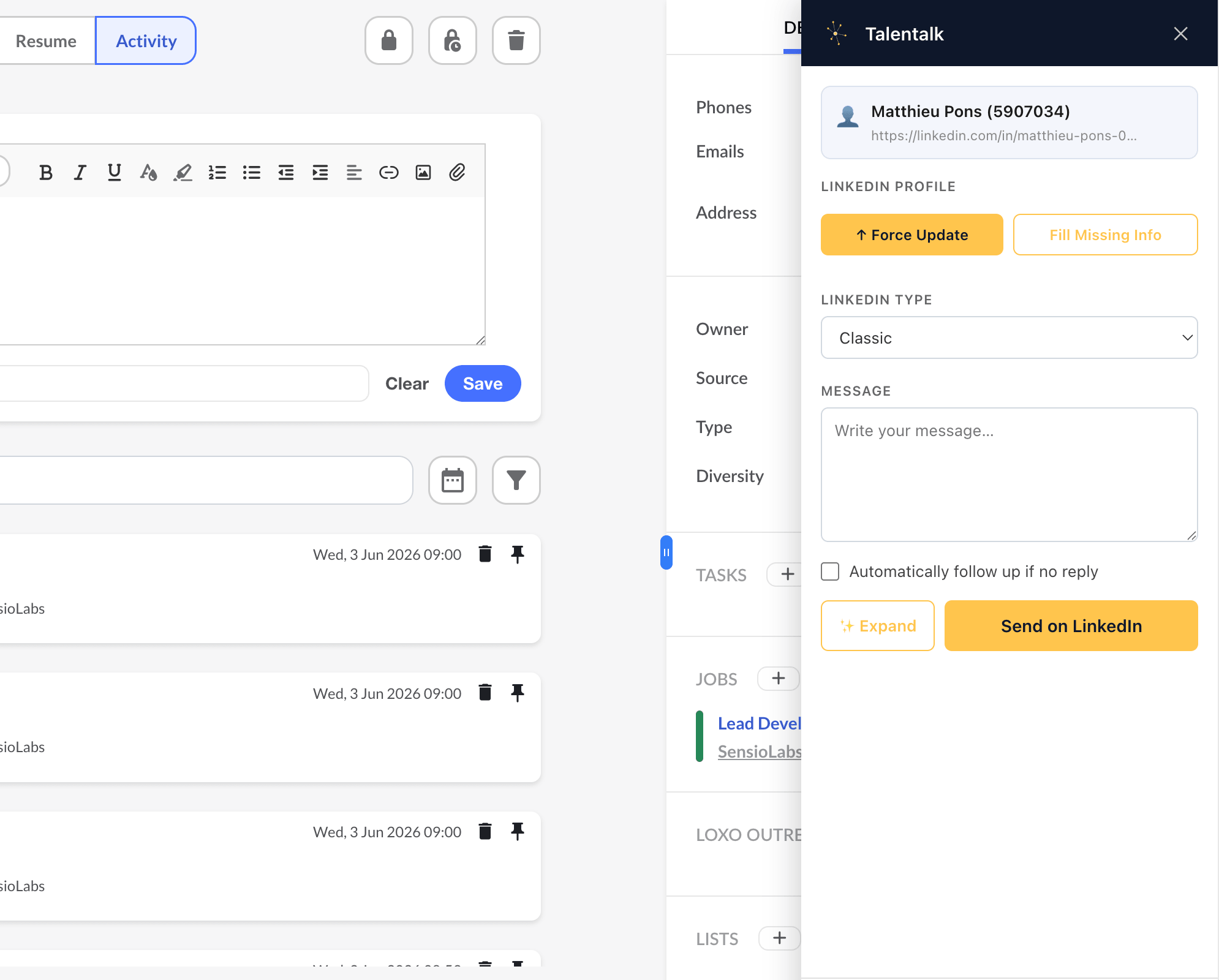 Talentalk browser extension sidebar inside LinkedIn messaging, syncing a candidate to Loxo and drafting an AI follow-up