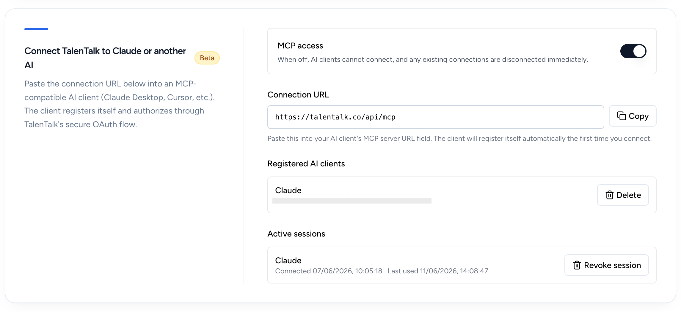 The AI Connector (MCP) section of Talentalk settings, showing the access toggle and the personal connection URL