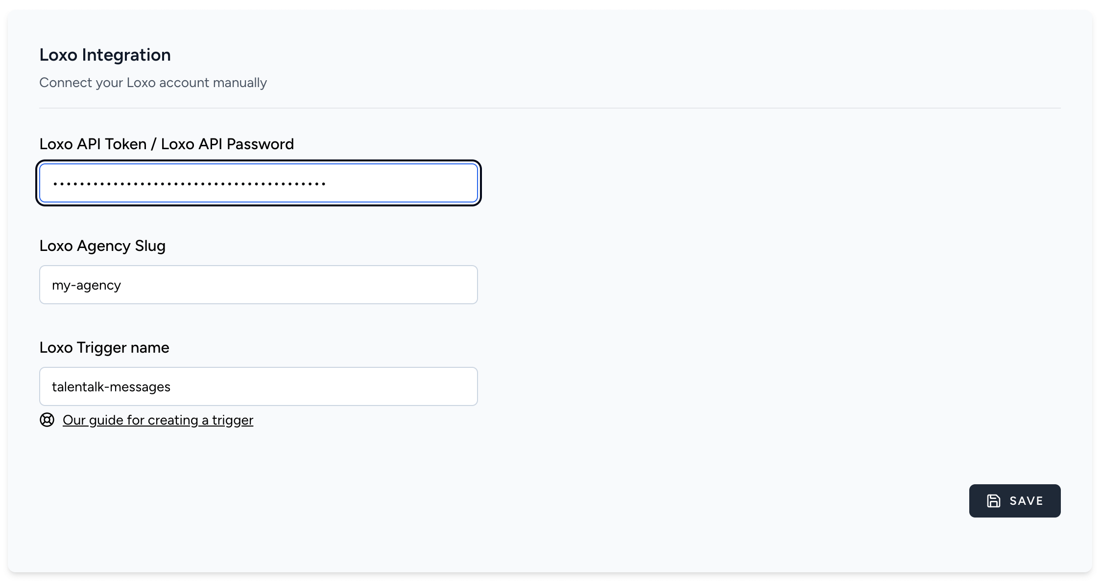 Image of the Loxo settings section in Talentalk